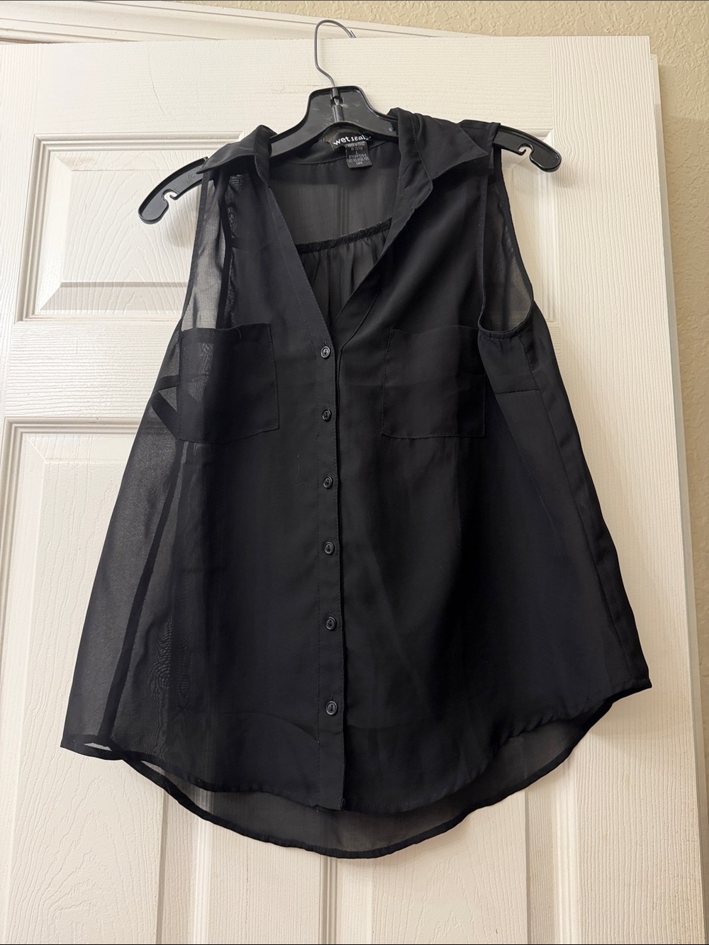 Wet Seal Black Sheer Sleeveless Hooded Button-Up Blouse